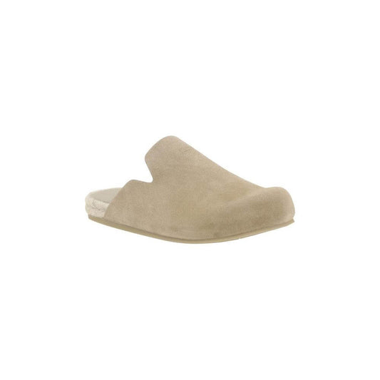 Prada suede leather sabots with round toe, rope-bound insole, and leather heel showcasing the brand's iconic engraved signature.
