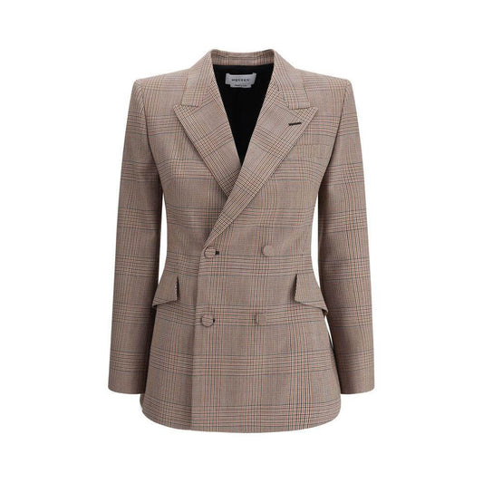 Alexander McQueen wool blazer with peaked lapel, double-breasted front, and check pattern for a sophisticated formal look.