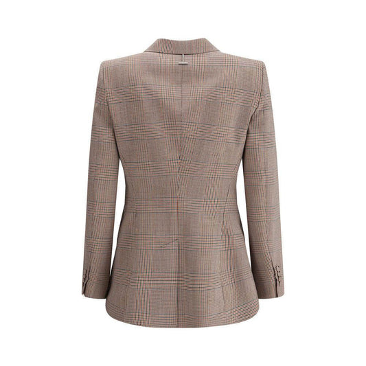 Back view of Alexander McQueen wool blazer with check pattern, peaked lapel, and double-breasted design for formal elegance.