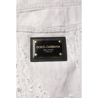 Dolce & Gabbana Light Gray Tattered Men Denim Bermuda Shorts