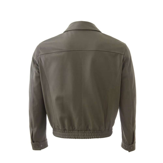 Lardini green leather jacket with elasticated waistband and shirt collar, featuring back view of sleek design and premium craftsmanship.
