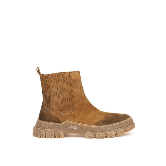Max Mara Genepi brown suede leather boot with 'dirty' effect, round toe, maxi beige lugged sole, elasticated sides, embossed logo.