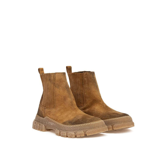 Max Mara Genepi Brown Suede Leather Boots with a Tobacco 'Dirty' Effect, Maxi Beige Lugged Sole, and Elasticated Sides for Comfort