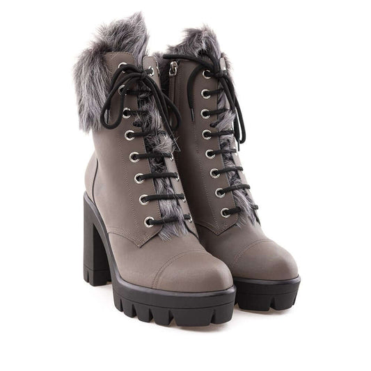 Giuseppe Zanotti gray eco leather combat boots with black notched sole, contrasting laces, side zipper, and faux fur accents.