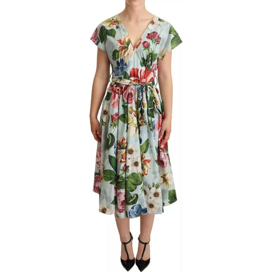 Dolce & Gabbana Green Floral Short Sleeves Cotton V-neck Dress