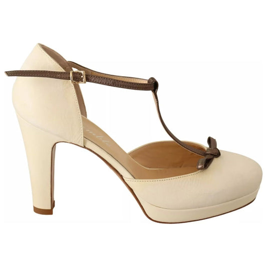 SERGIO LEVANTESI Beige T-Strap Block Heels Pumps Leather Shoes