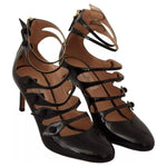 Valentino Black Multi Strap Leather Mid Heels Pumps Shoes LA9396-36.5