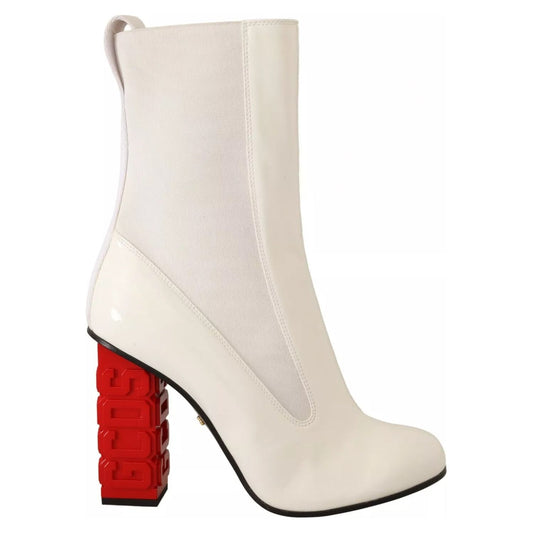 GCDS White Leather Fabric Red Logo Heel Ankle Boots Shoes
