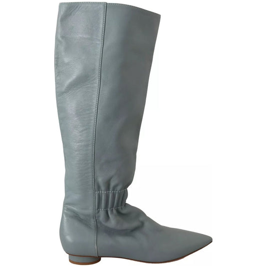 Valentino Blue Leather Elastic Flats Pull On Knee High Boots Shoes