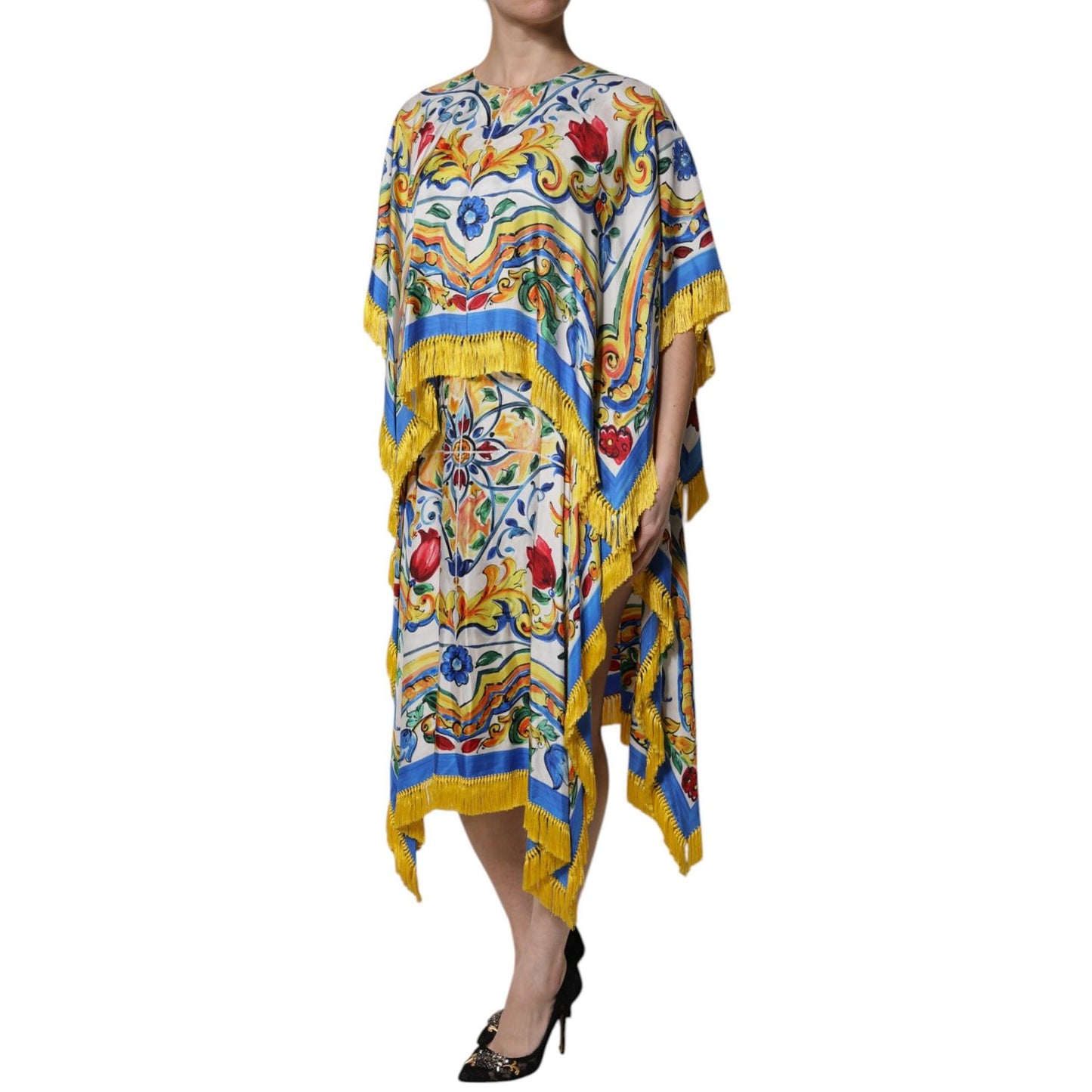 Dolce & Gabbana Multicolor Majolica Kaftan Short Sleeves Maxi Dress