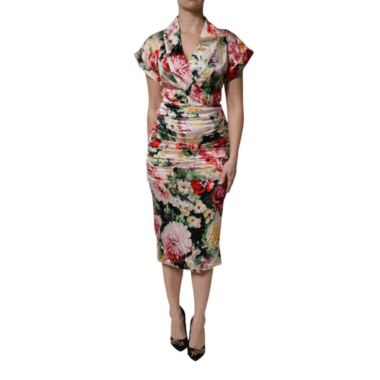 Dolce & Gabbana Multicolor Floral Short Sleeves Sheath Midi Dress