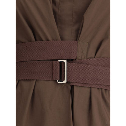 Close-up of the Brunello Cucinelli Brown Cotton Casual Dress with fabric belt detail.