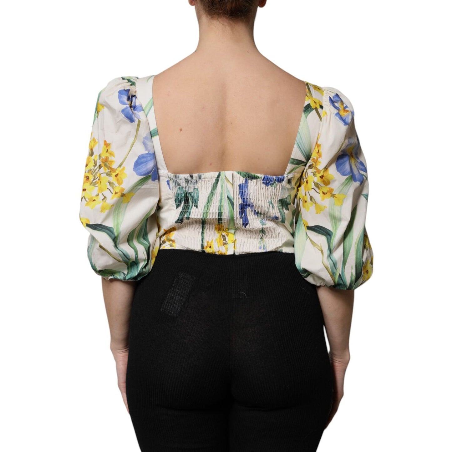 Dolce & Gabbana White Floral Puff Sleeves Crop Blouse Top