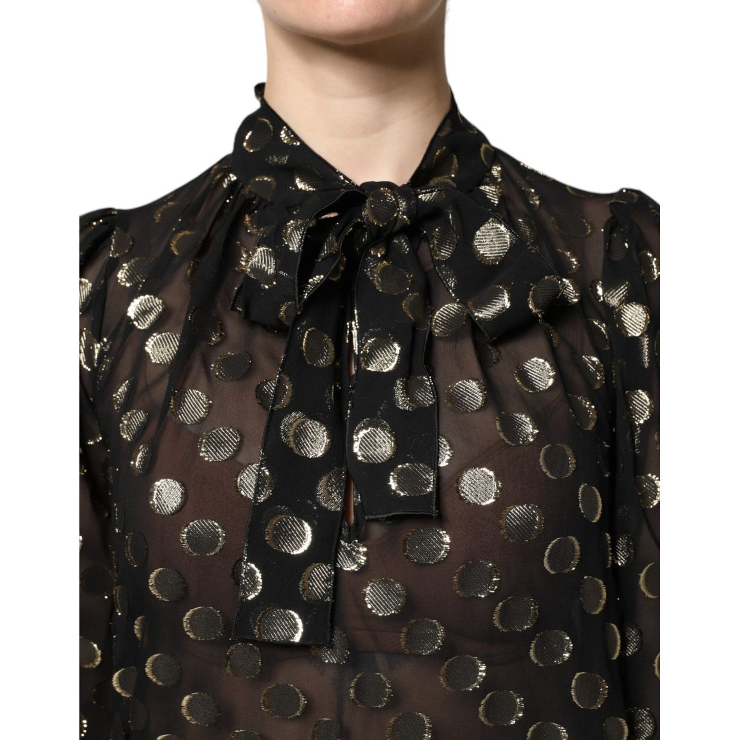 Dolce & Gabbana Black Sheer Tied Neck Polka Dots Blouse Top
