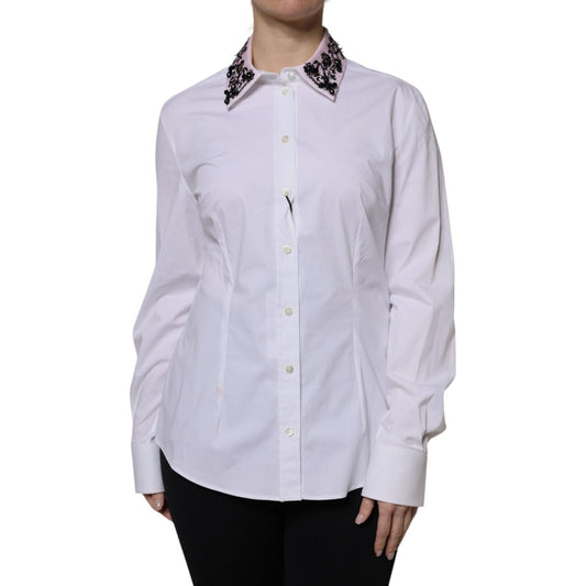 Dolce & Gabbana White Embellished Collared Dress Shirt Top