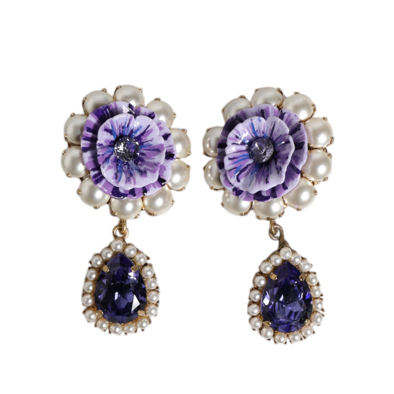 Dolce & Gabbana Purple Flower Pearl Teardrop Crystals Clip On Earrings