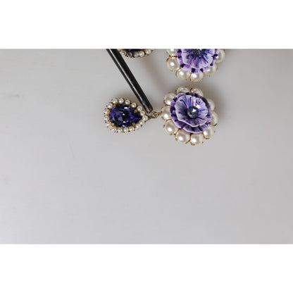 Dolce & Gabbana Purple Flower Pearl Teardrop Crystals Clip On Earrings