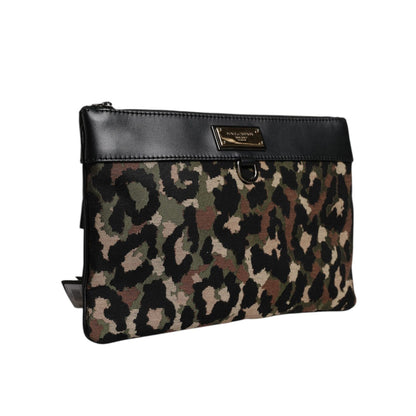 Dolce & Gabbana Multicolor Leopard Jacquard Print Logo Plaque Pouch Bag