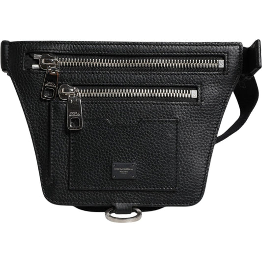 Dolce & Gabbana Black Calfskin Logo Plaque Belt Waist Men Fanny Pack Bag
