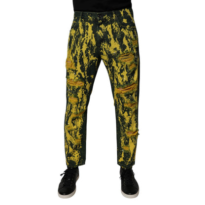 Dolce & Gabbana Black Yellow Tie Dye Tattered Skinny Men Denim Jeans