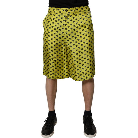 Dolce & Gabbana Green Silk Heart Print Bermuda Shorts