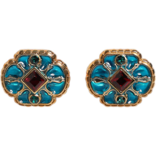 Dolce & Gabbana Gold Brass Blue Enameled Flower Cufflink