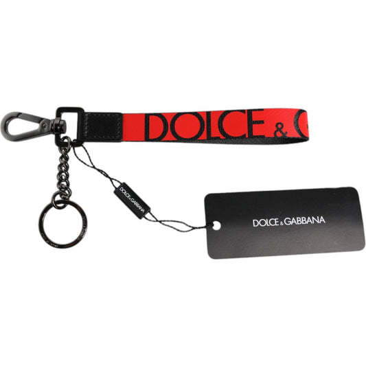 Dolce & Gabbana Red Logo Nylon Silver Brass Men Holder Keychain Keyring
