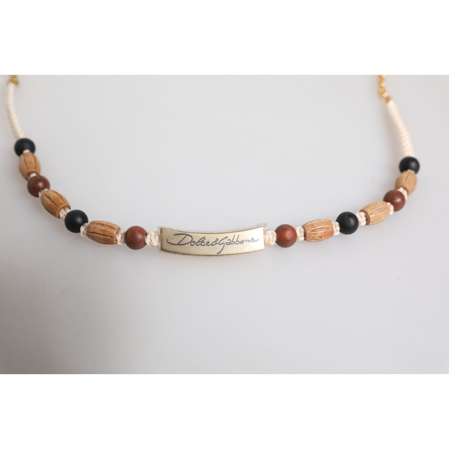Dolce & Gabbana Black Gold Wooden Beaded Logo Pendant Necklace