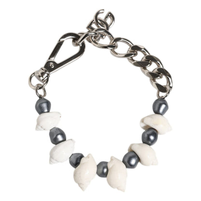 Dolce & Gabbana Silver Tone Brass Beaded Shell DG Logo Pendant Bracelet