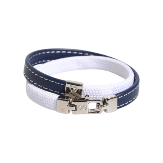 Dolce & Gabbana Blue White Leather Trimmed DG Engraved Silver Tone Clasp Bracelet