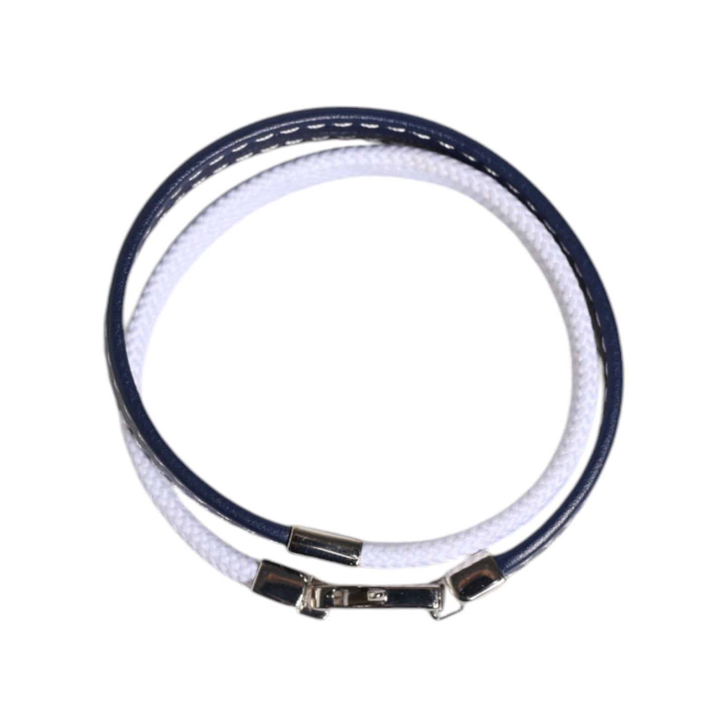 Dolce & Gabbana Blue White Leather Trimmed DG Engraved Silver Tone Clasp Bracelet