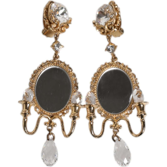 Dolce & Gabbana gold clip earrings with clear crystals and mirror elements in baroque design. Luxury Italian fashion accessory.