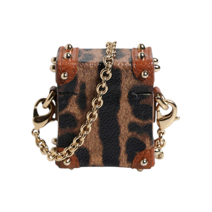 Dolce & Gabbana Brown Leopard Metal Logo Plaque Gold Chain Airpods Case