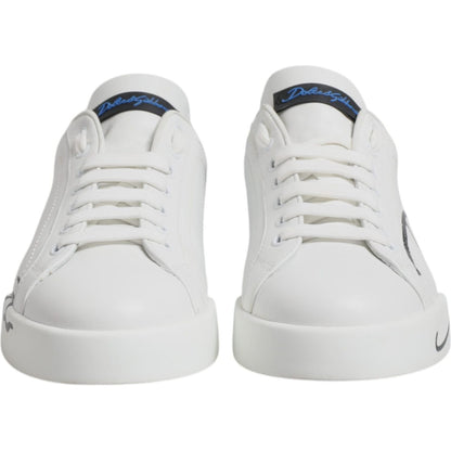 Dolce & Gabbana White Blue Leather Logo Low Top Sneakers Shoes