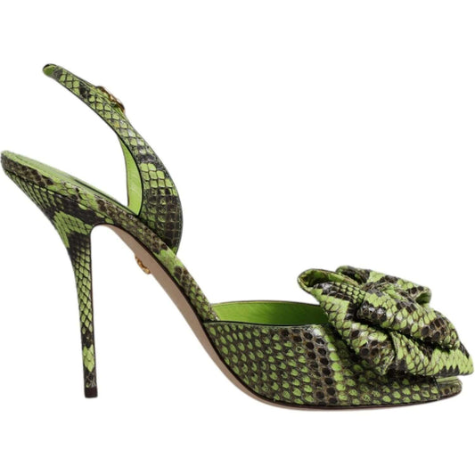 Dolce & Gabbana green python leather high heels sandals with animal print, buckle closure, and logo details. Made in Italy.