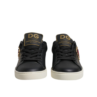 Dolce & Gabbana Black Leather Gold Red Heart Sneakers Shoes