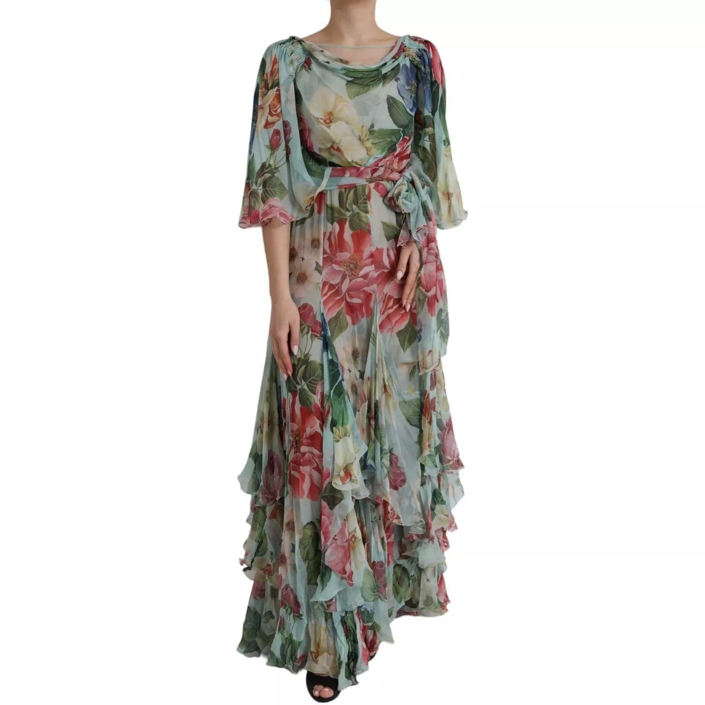 Dolce & Gabbana Blue Floral Print Tiered Long Maxi Dress DR81578-44