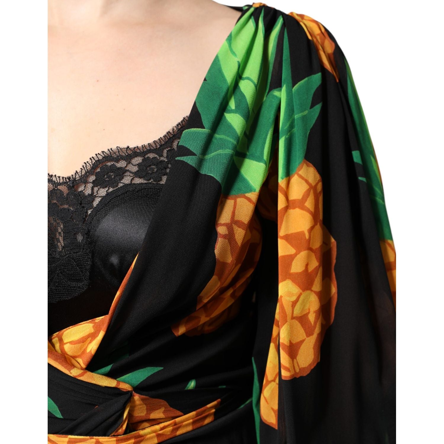 Dolce & Gabbana Black Silk Pineapple Draped Print Wrap Dress