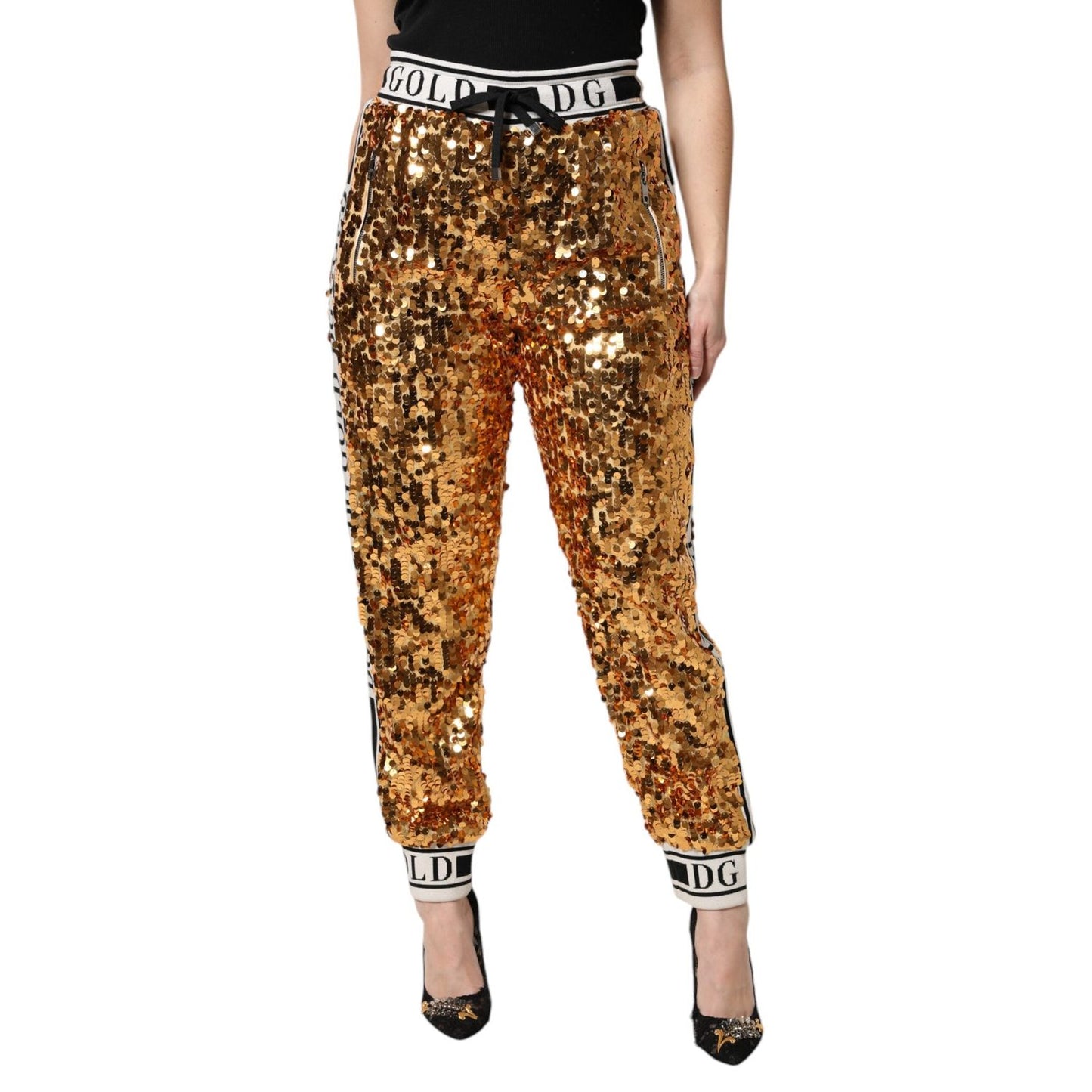 Dolce & Gabbana Metallic Gold DG Logo Sequined Jogger Pants PAN76266-38