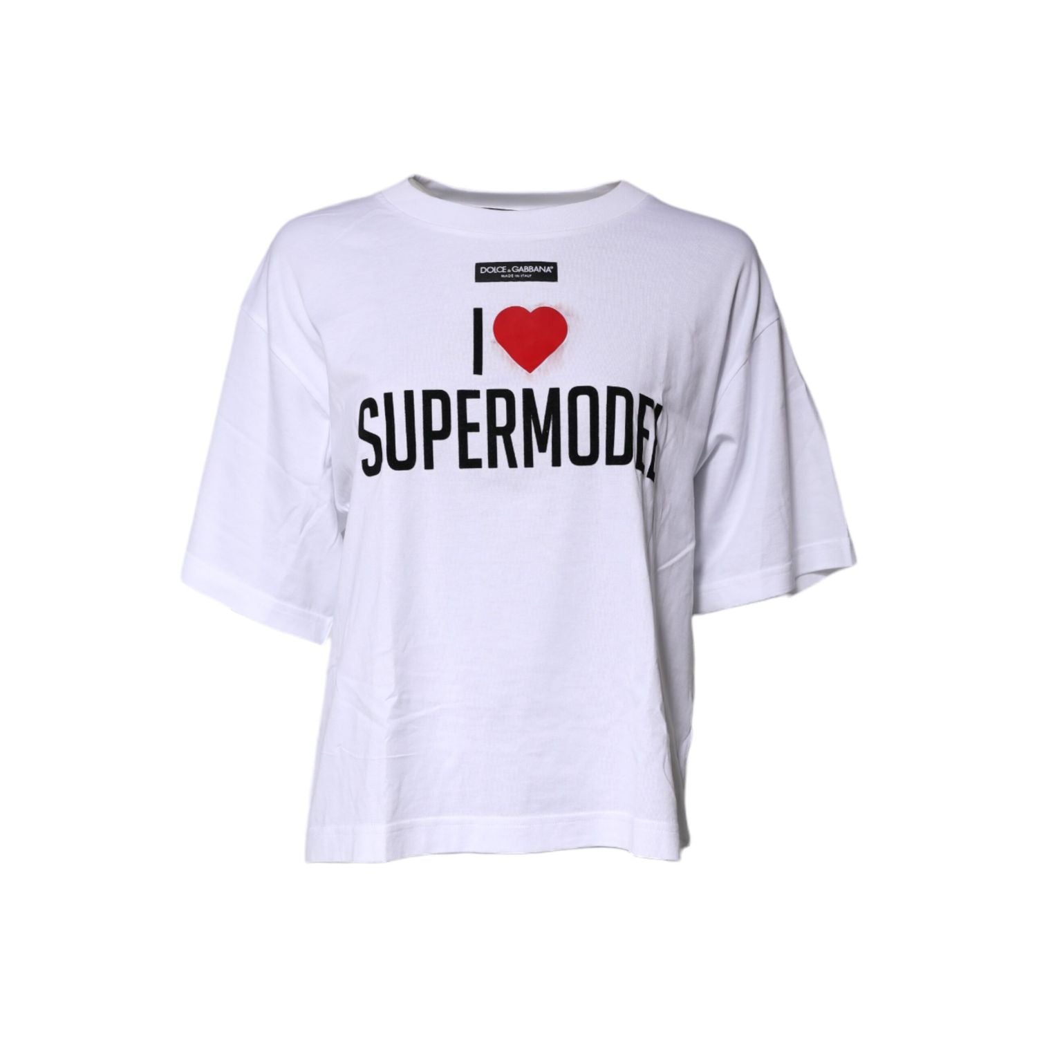 Dolce & Gabbana White Printed Round Neck Top Cotton T-shirt