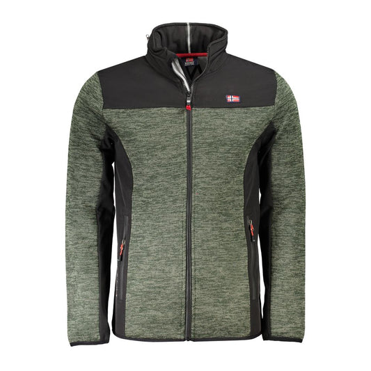 Norway 1963 green polyester men's jacket with removable hood, long sleeves, ample pockets, and signature logo, sporty outerwear.