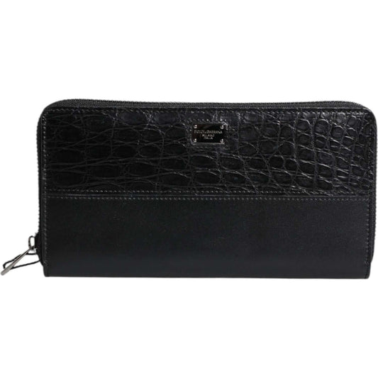 Dolce & Gabbana Black Leather Logo Plaque Zip Around Continental Wallet