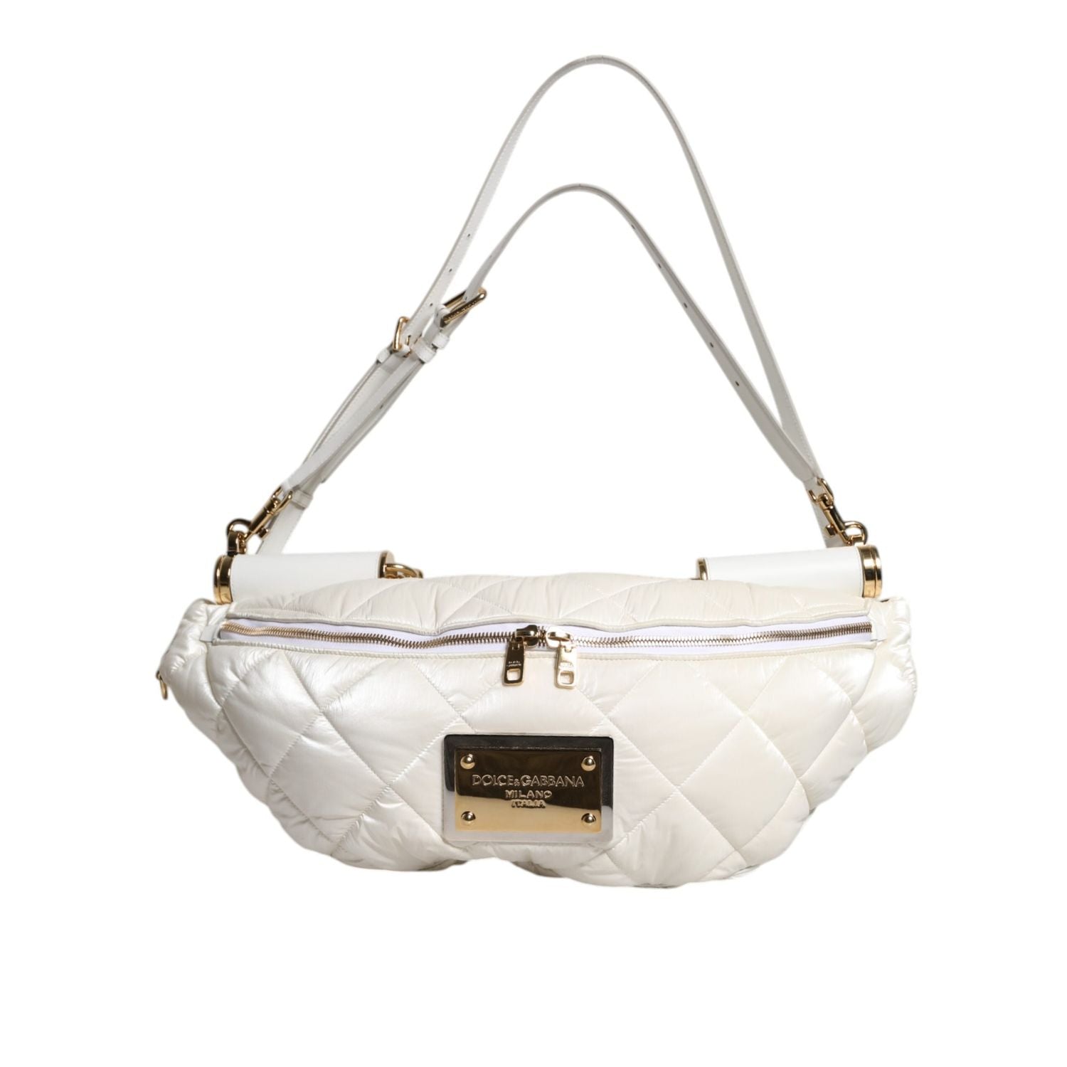 Dolce & Gabbana White Quilted Logo Plaque Belt Waist Fanny Pack Bag