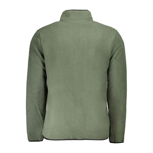Back view of green polyester men's sweater by Norway 1963 with long sleeves and classic design, showcasing refined utility and style.