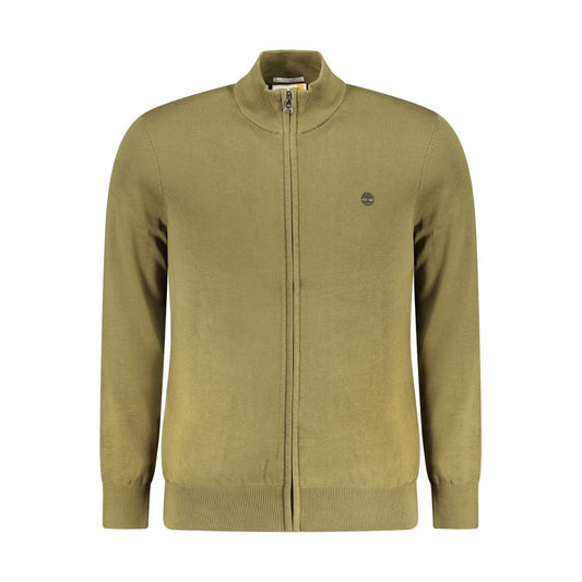 Timberland green cotton men’s sweater with zipper, long sleeves, and logo, eco-friendly organic material, stylish and sustainable design.