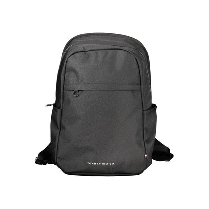 Tommy Hilfiger Black Polyester Backpack with adjustable straps, laptop compartment, multiple pockets, and zip closure, made from recycled material.