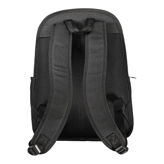 Back view of Tommy Hilfiger black polyester backpack with adjustable shoulder straps and breathable back panel.