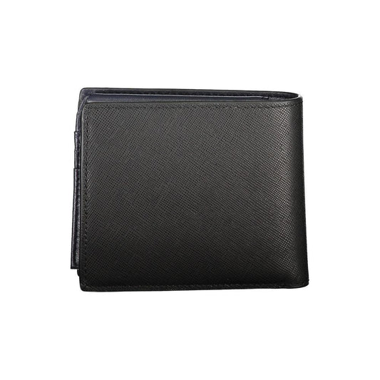Tommy Hilfiger black leather wallet with 2 compartments, coin purse, card spaces, contrast details, and logo.