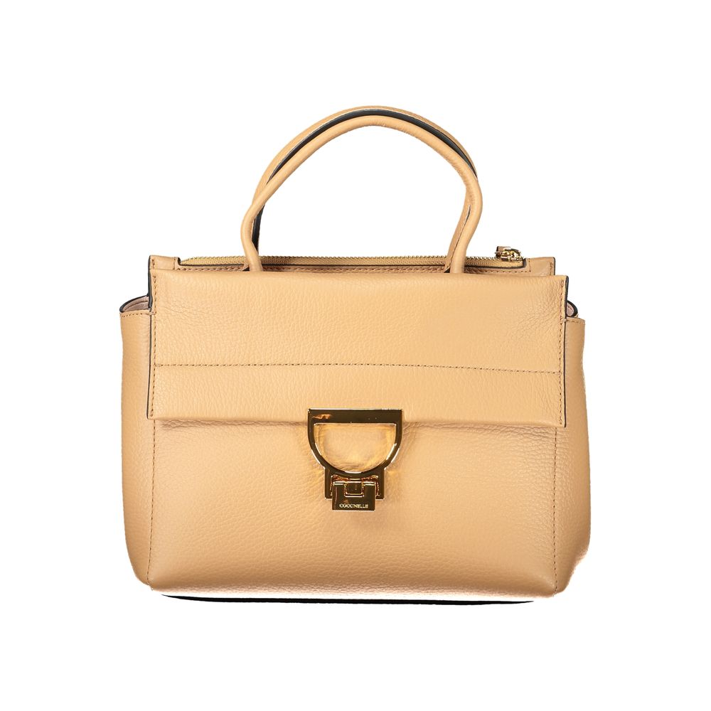 Coccinelle Brown Leather Women Handbag with dual handles, detachable shoulder strap, and gold hardware.