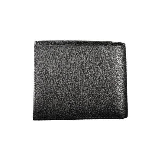 Calvin Klein black leather men's wallet with RFID-blocking, featuring sleek design and elegant logo for sophisticated style.